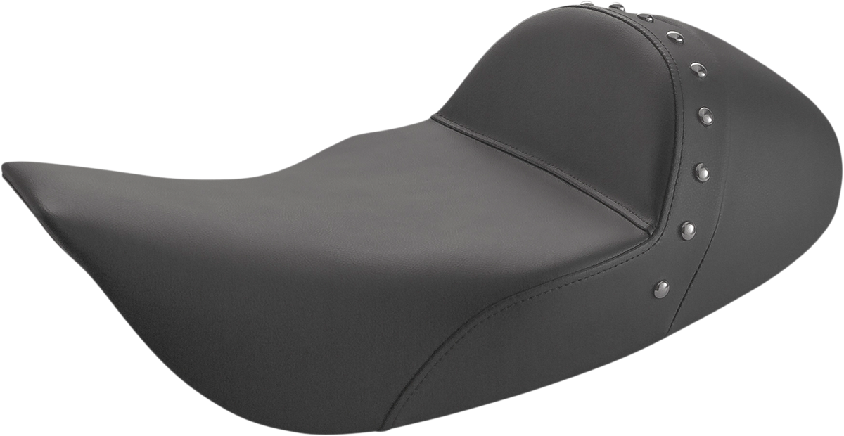Bill's Exhausts SADDLEMEN Solo Seat with studs, motorcycle seat featuring a sleek black design and decorative studding.