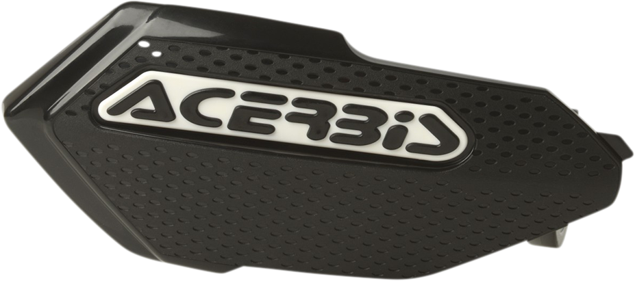 Acerbis black X-Elite handguards mounted on motorcycle handlebars for protection, featuring durable body design.