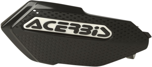 Acerbis black X-Elite handguards mounted on motorcycle handlebars for protection, featuring durable body design.