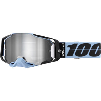 Bill's Exhausts 100% Armega Goggle with Petros silver mirror lens, displaying sleek frame and reflective lens detail.