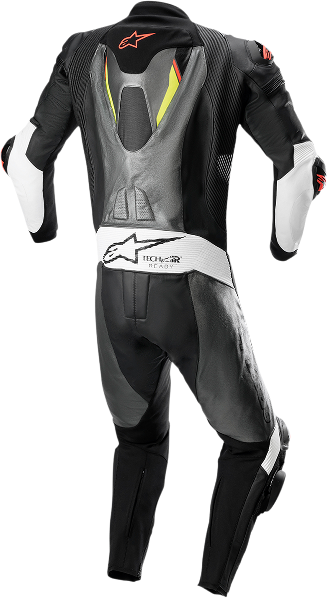 Alpinestars Missile Ignition v2 leather racing suit in metallic gray, black, yellow, and red fluorescent, size US 46 / EU 56.
