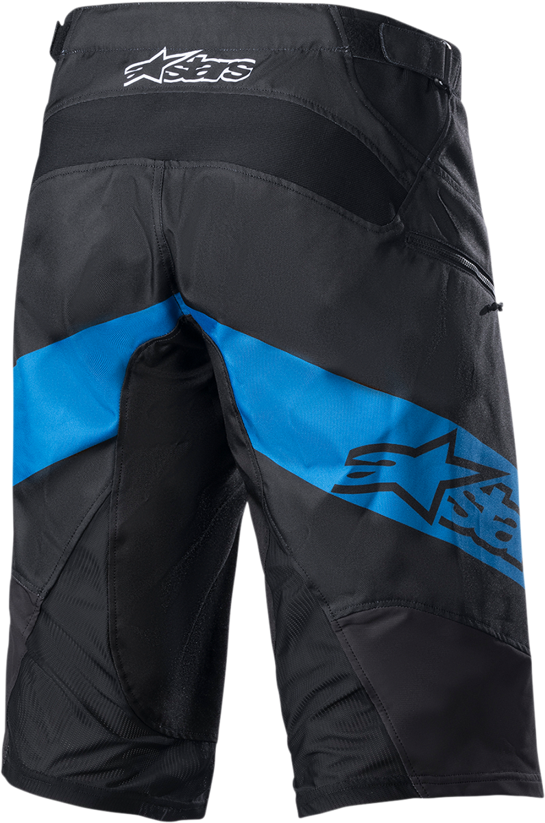 Alpinestars Racer Shorts in black and blue, US size 38, displayed on a hanger showing sporty design and branding.