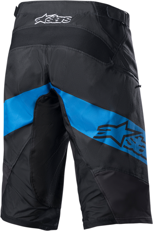 Alpinestars Racer Shorts in black and blue, US size 28, featuring sporty design and adjustable waist for motorcycle riding comfort.