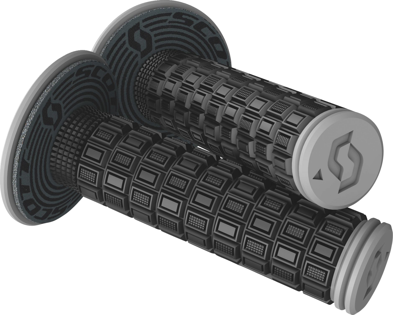 Scott Mellow black and gray motorcycle handlebar grips by Bill's Exhausts with textured rubber surfaces
