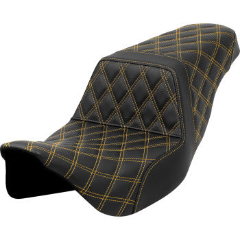 SADDLEMEN Step-Up Seat with lattice and gold stitching for Harley FLH/FLT models 2008-2023, featuring detailed seat design.