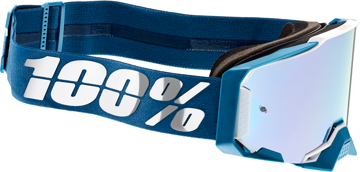 Bill's Exhausts 100% Armega Goggles Albar Flash Silver with tinted lenses and adjustable strap for motocross and off-road riding.