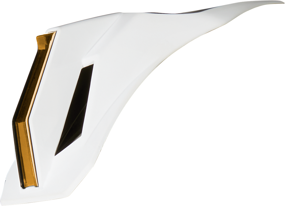White and bronze ICON Airform™ Speedfin helmet parts, close-up view showing detailed design and branding.