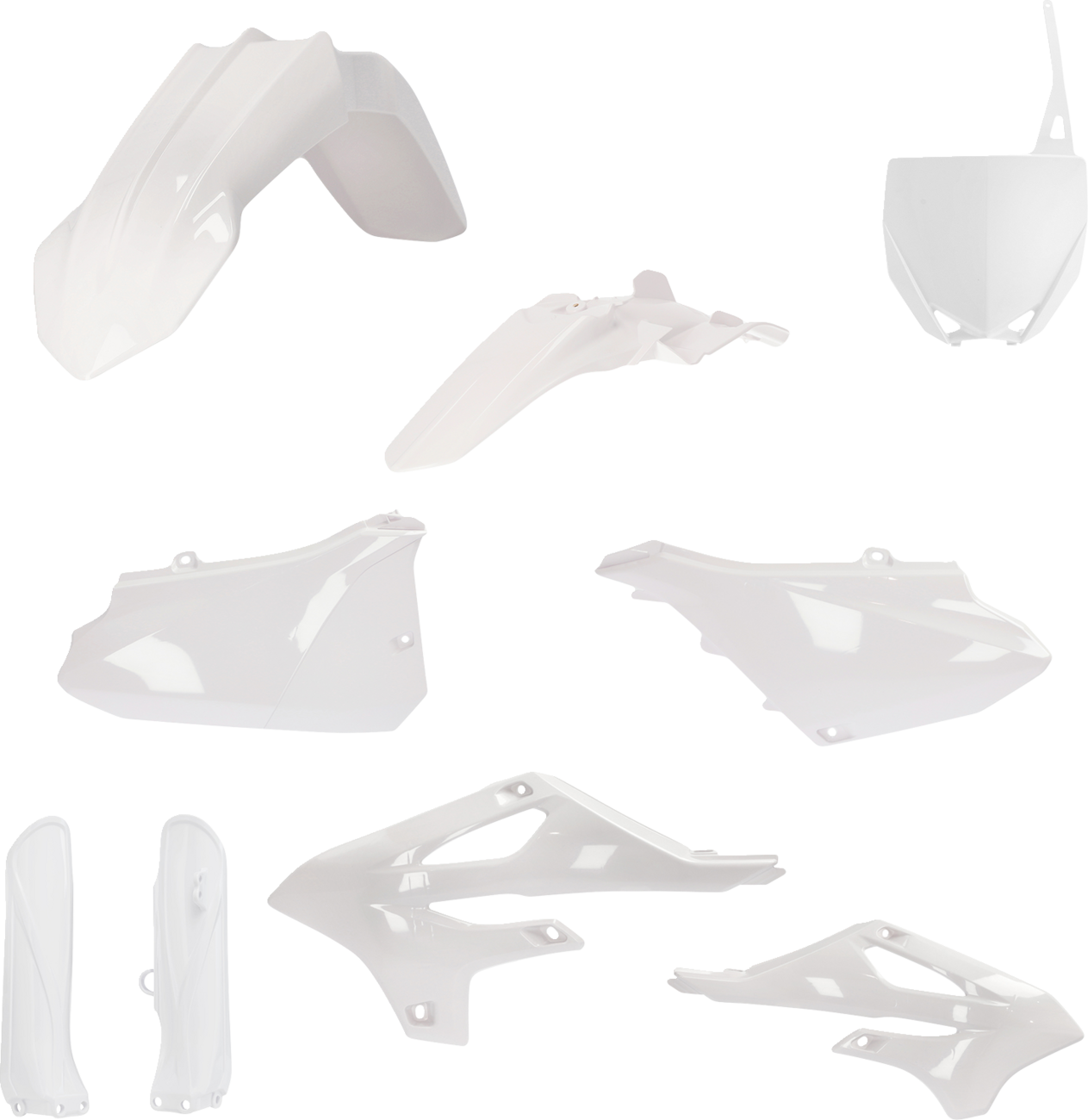 Acerbis full white replacement body kit for motorcycles, featuring sleek panels and consistent design for a custom look.