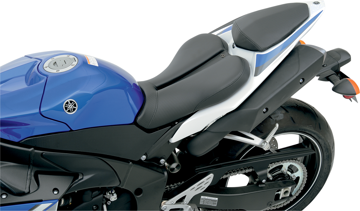 Bill's Exhausts SADDLEMEN Gel Channel Track Carbon Fiber Sport Seat in black with sleek design and ergonomic features.