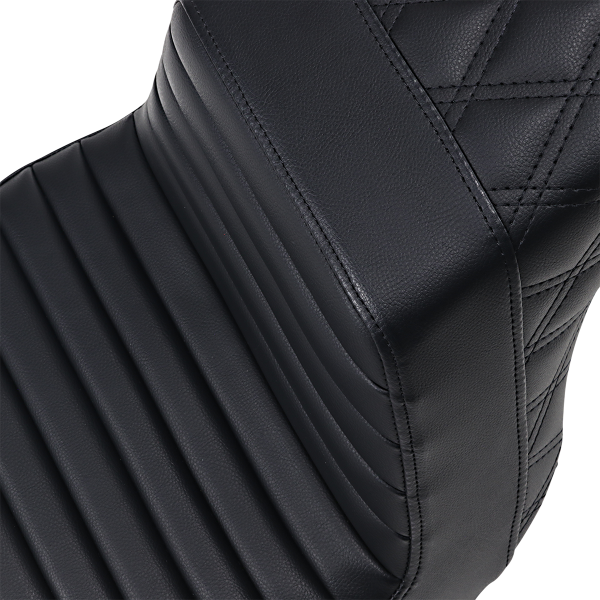 Black Saddlemens Step-Up Seat with tuck-n-roll front and lattice stitch rear for motorcycle, designed for a comfortable ride.