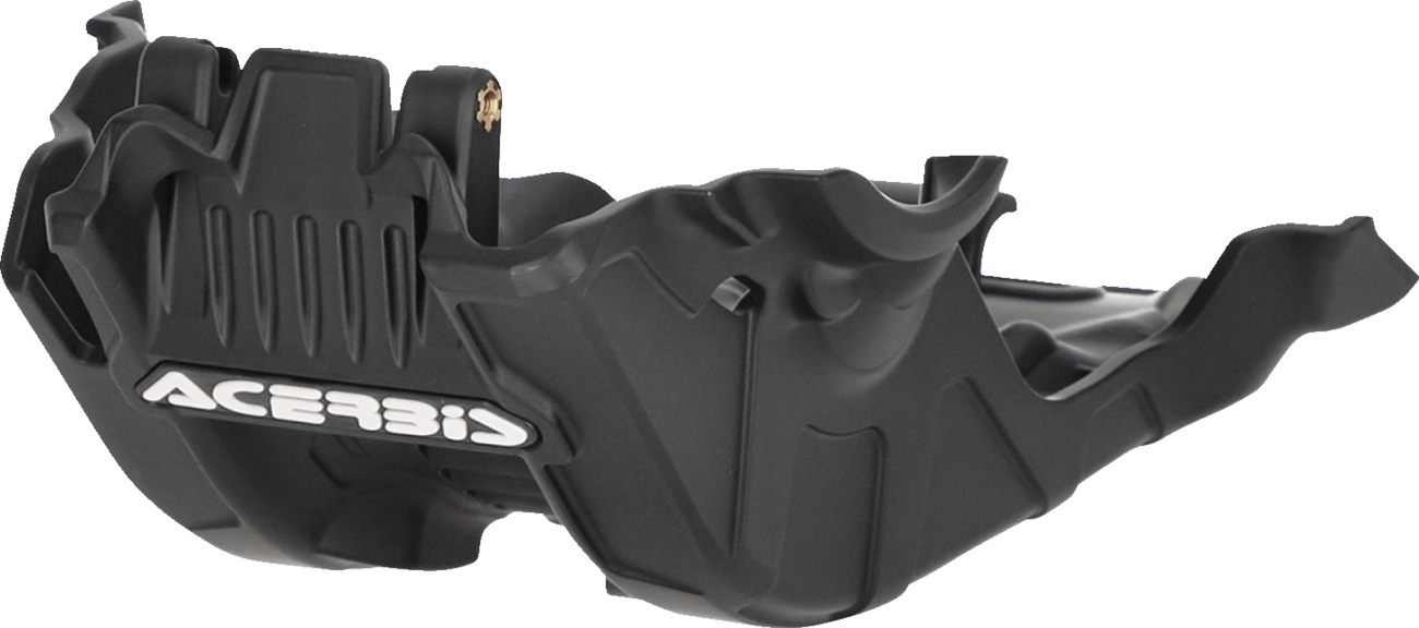 Black ACERBIS large skid plate installed on Gas Gas, KTM, and Husqvarna bikes, protecting the engine and frame.