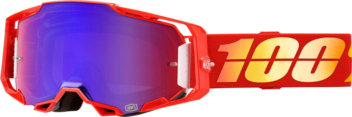 Bill's Exhausts 100% Armega Goggles Nuketown red and blue mirror lenses, lightweight protective eyewear with vibrant reflective design.