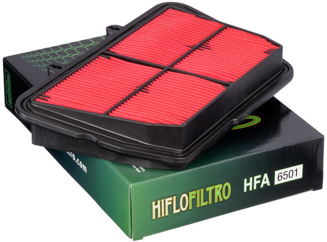 HIFLOFILTRO HFA6501 air filter for high-performance motorcycle engines, showing the clean, durable filter element.