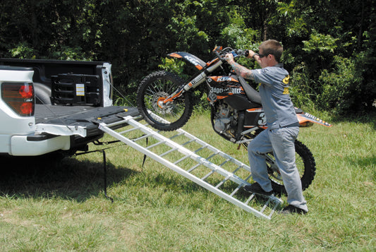 QuadBoss Bifold Ramp for powersports vehicles, 41x81 inches, shown folded and unfolded for loading and unloading.