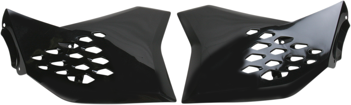 Black ACERBIS radiator shrouds for body of motorcycle, designed for enhanced protection and style.