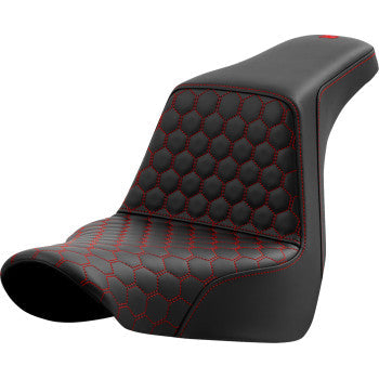 SADDLEMEN Step-Up Seat in honeycomb design with red stitching for FL/FX motorcycles, featuring a sleek, contoured shape.