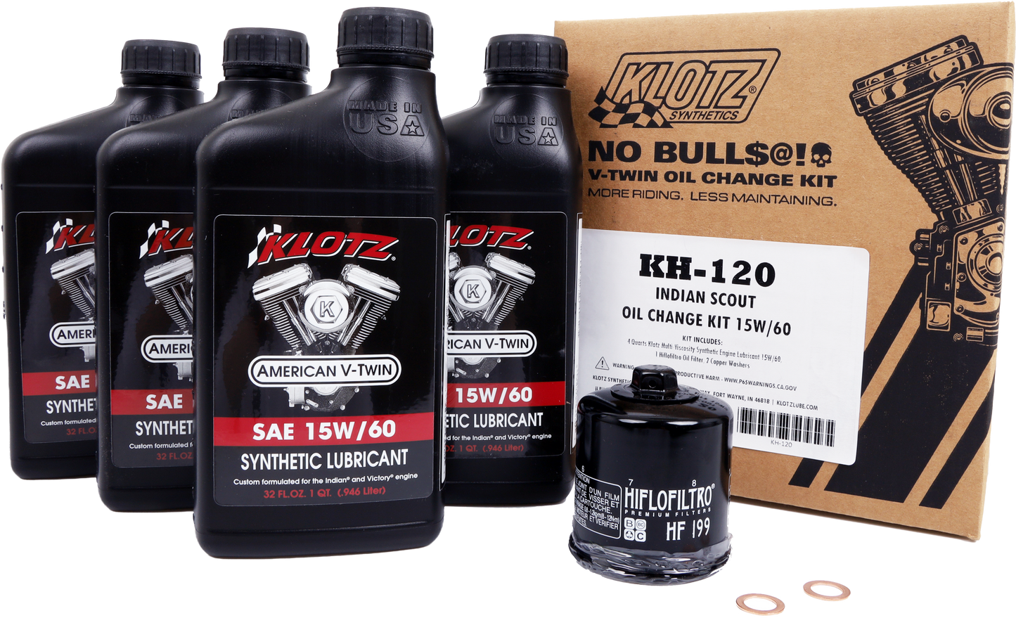 KLOTZ Indian Scout synthetic oil change kit with 4-quart oil and parts, designed for easy motorcycle maintenance.