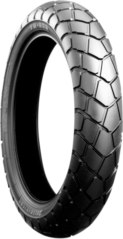 Bridgestone Trail Wing TW31 front motorcycle tire 130/80-18 showing tread pattern and sidewall details.