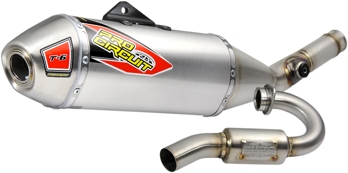 Pro Circuit T-6 stainless steel motorcycle exhaust system for off-road and on-course riding, featuring durable construction and sleek design.