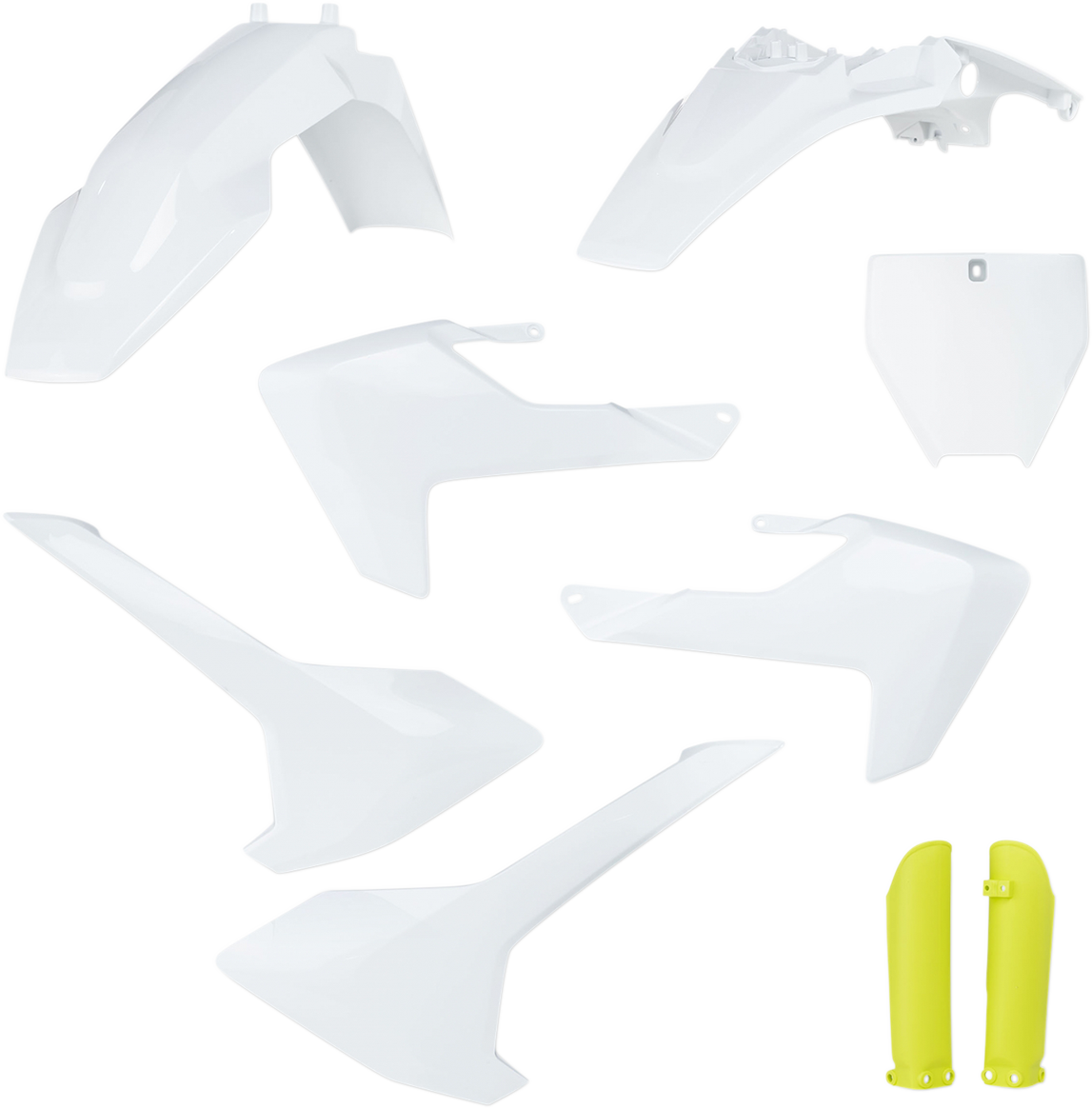 A white and yellow Acerbis full replacement motorcycle body kit with OE design, featuring sleek panels and detailed construction.