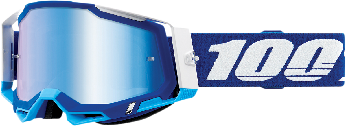 Bill's Exhausts Racecraft 2 goggles in blue with blue mirror lenses, designed for high-performance racing and protective eyewear.
