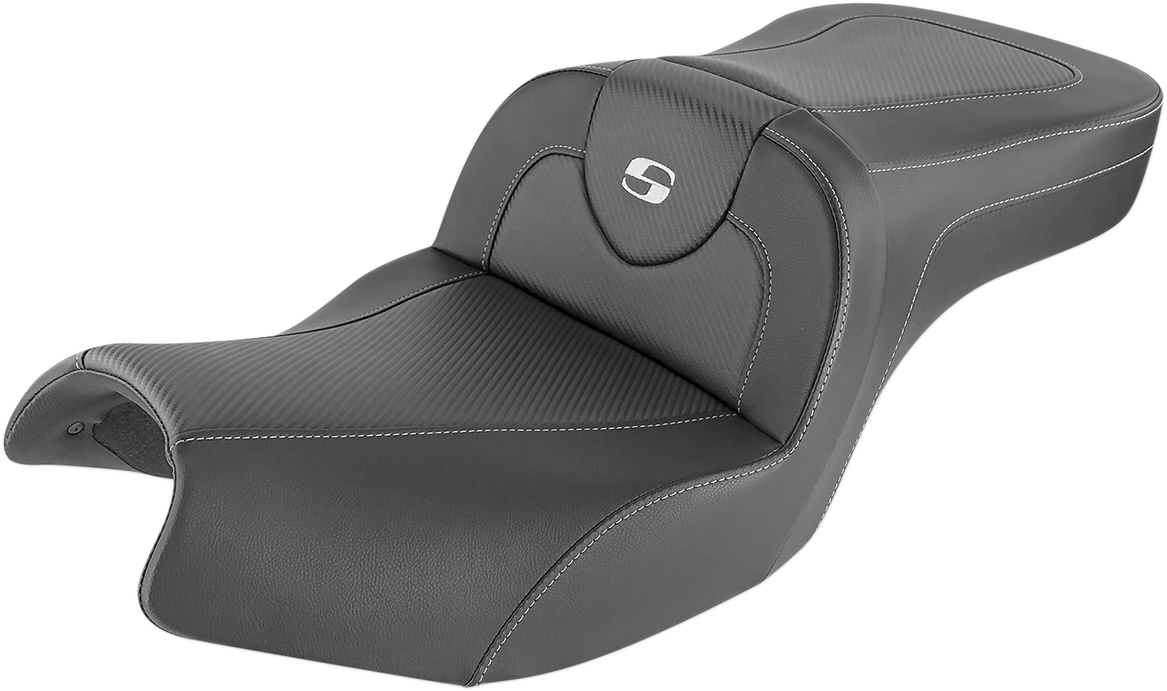 Black SADDLEMEN Roadsofa carbon fiber motorcycle seat by Bill's Exhausts without backrest, showing sleek, lightweight design.