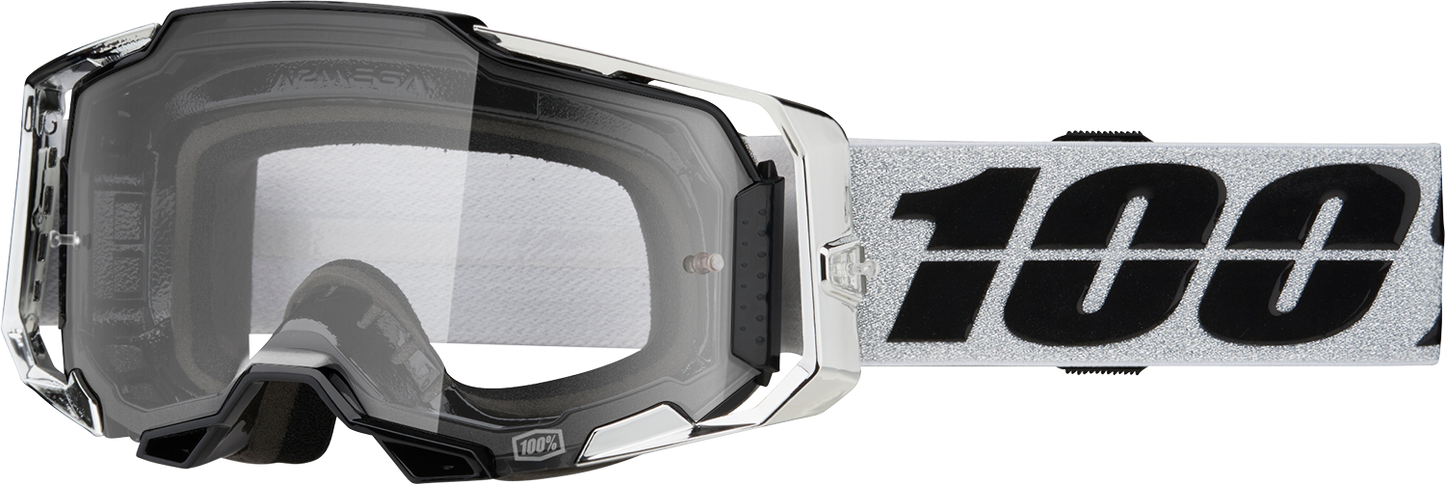 Bill's Exhausts 100% Armega Goggles Atac clear lens with adjustable strap, designed for eye protection and visibility.