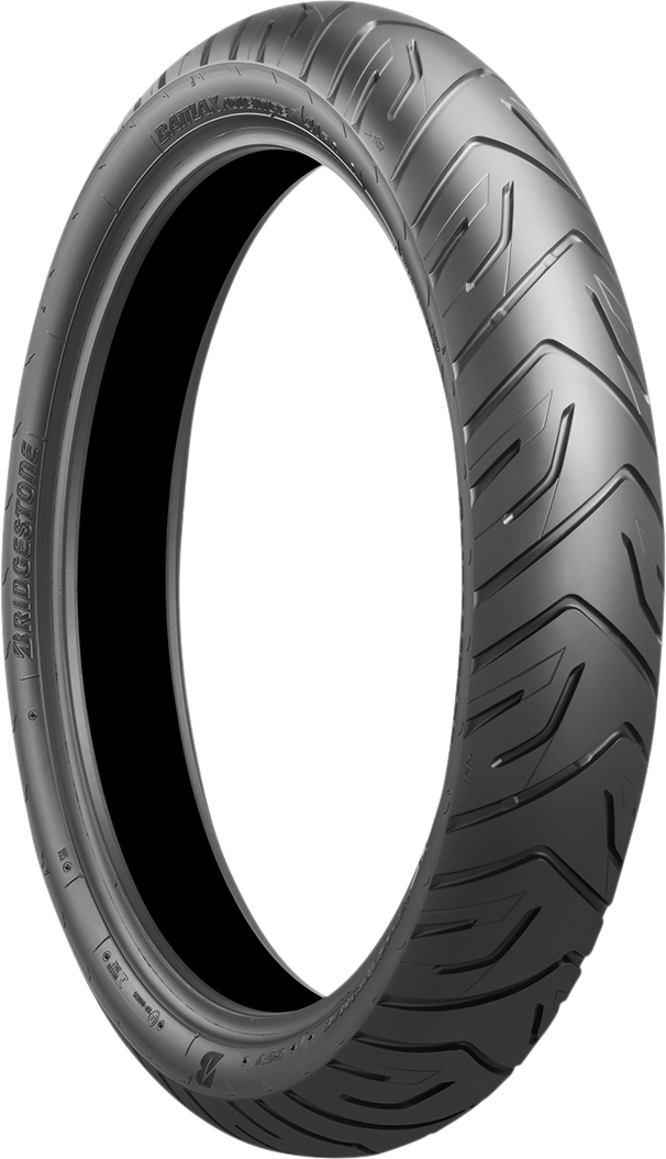 BRIDGESTONE Battlax Adventure A41 120/70ZR17 front motorcycle tire with tread pattern for on-road and adventure riding.