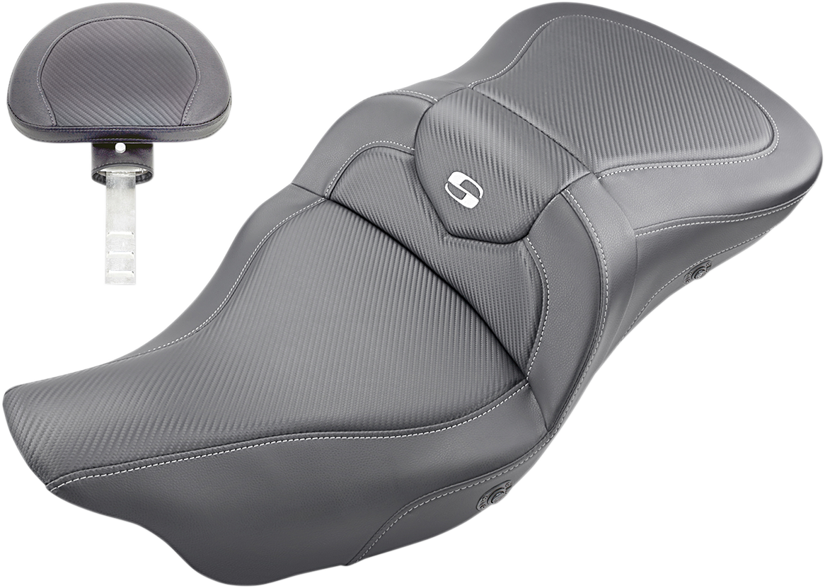 Bill's Exhausts SADDLEMEN Roadsofa heated seat with carbon fiber finish and backrest for 2009-2023 Harley FLHTCUTG motorcycle.