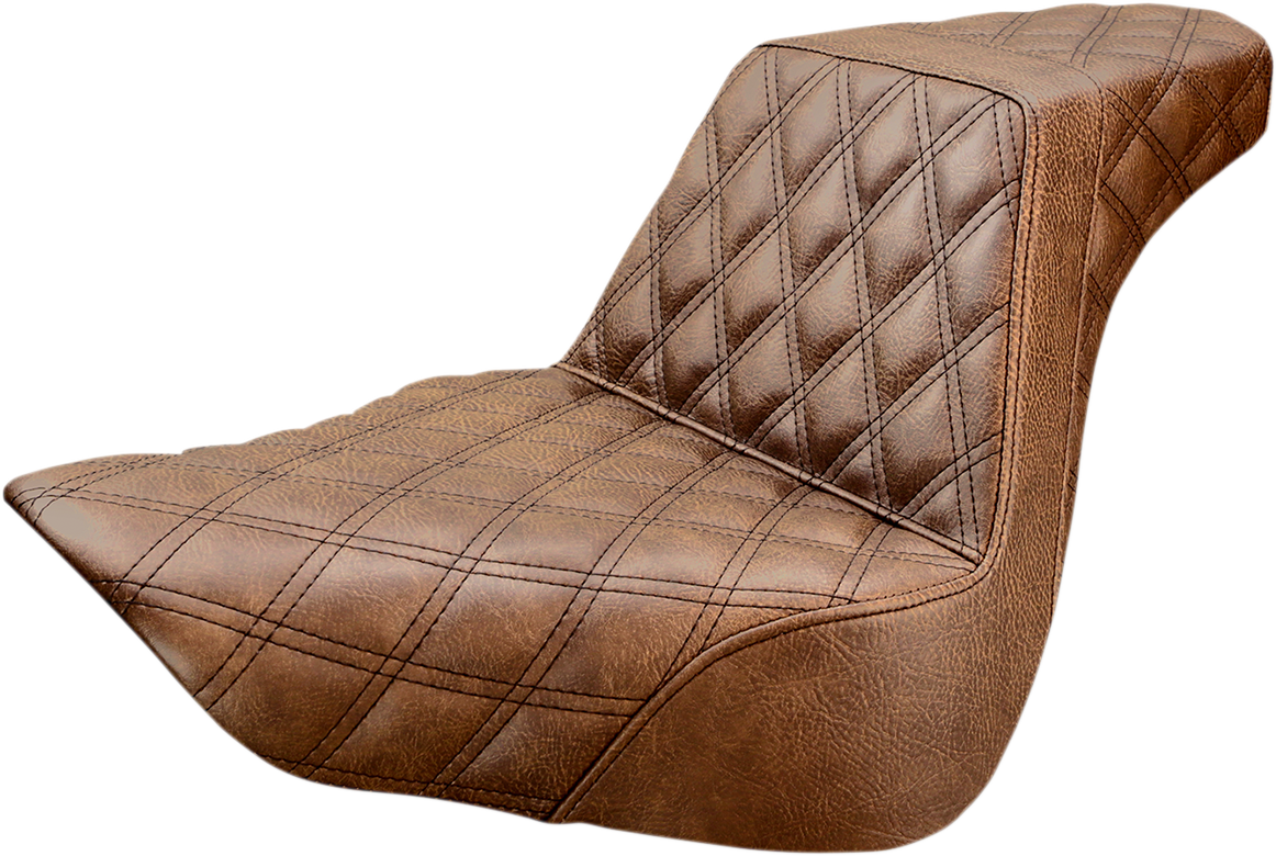 Bill's Exhausts Saddlemen Step-Up Seat with full lattice stitch in brown, designed for motorcycle comfort and style.
