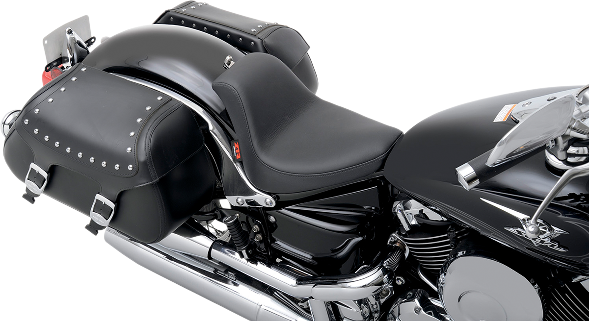 Z1R Low Solo Seat for VStar 650 motorcycle, black vinyl with minimal padding, designed for comfortable rider seating
