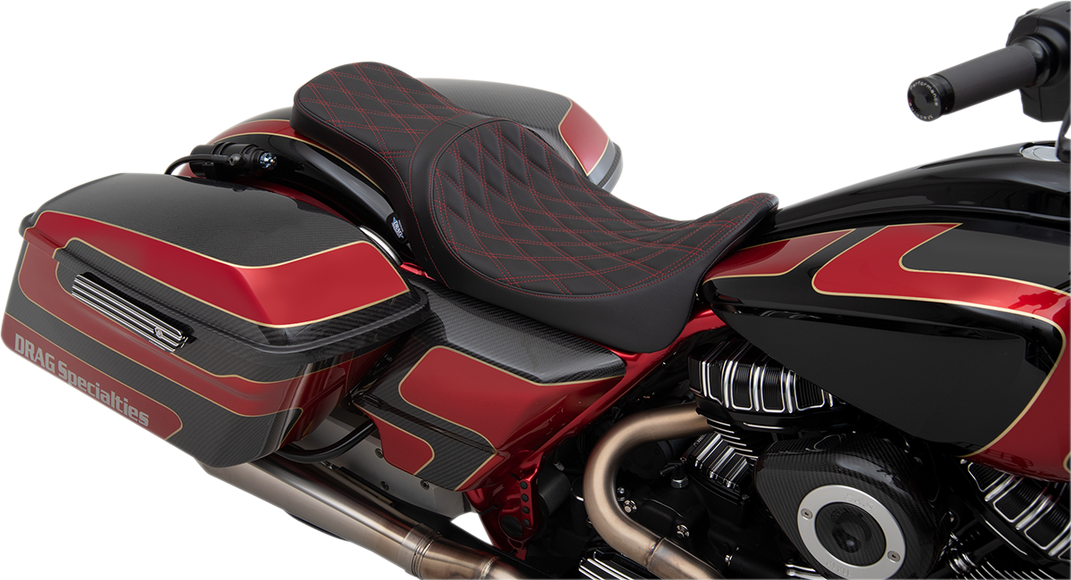 Red stitched Drag Specialties Predator 2-up seat for Harley FL 2008-2023, forward position, double diamond design.