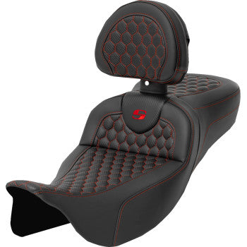Bill's Exhausts SADDLEMEN RoadSofa seat in honeycomb red stitch with backrest for FLH/FLT '08-'23, extended reach, motorcycle seat.