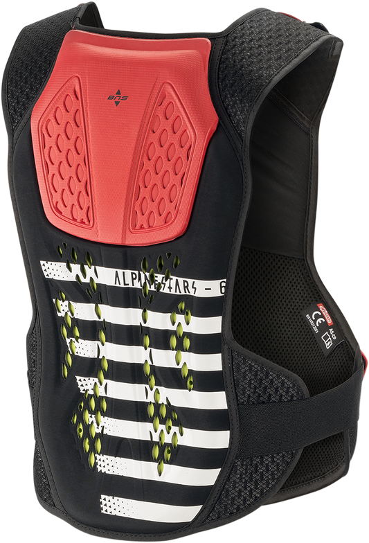 Alpinestars Sequence chest guard in black, white, and red, protective gear for motorcycle safety, XS/S size.