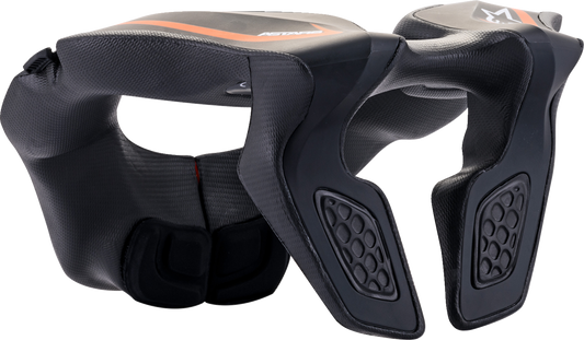 Black and orange Alpinestars youth neck support for helmets, one size, designed for safety and comfort during riding.