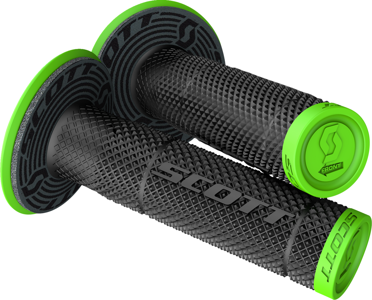Scott SX II grips in green and black, designed for engine performance, shown on a motorcycle handlebar.