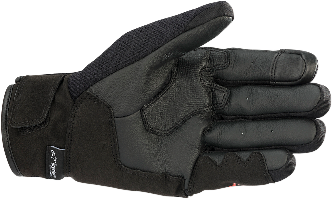 Alpinestars S-MAX Drystar® motorcycle gloves in black and fluo red with protective features, size small, shown in image.