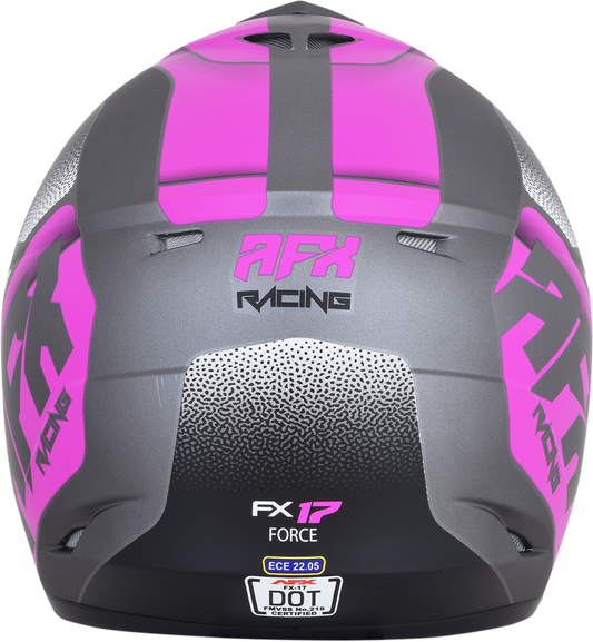 AFX FX-17 Force helmet in frost gray and fuchsia, medium size, featuring a sleek helmet design with ventilation and secure strap.