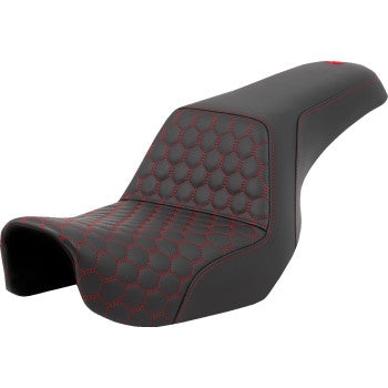 SADDLEMEN Step-Up Seat for Dyna bikes, honeycomb design with red stitching, by Bill's Exhausts, model A806-04-177RED.