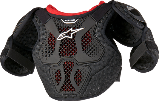 Youth Alpinestars Bionic Action Kickstart chest guard in black and red with protective padding, designed for youth motocross riders.