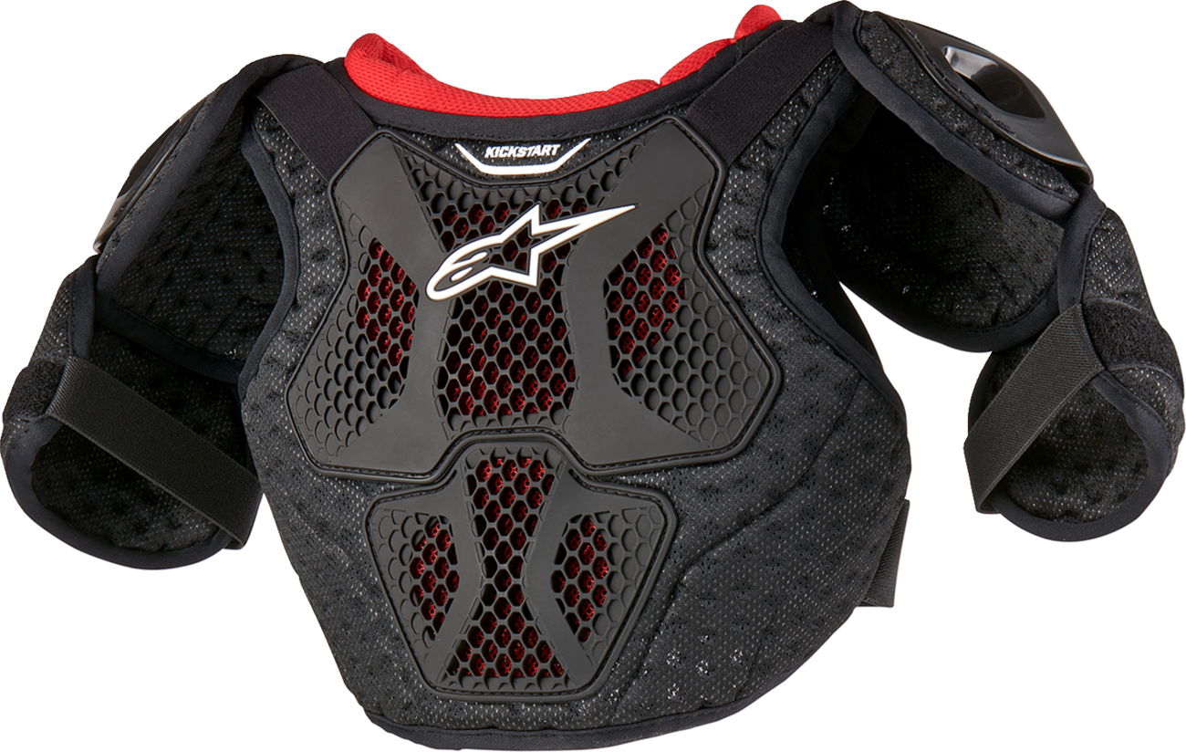 Youth Alpinestars Bionic Action Kickstart Chest Guard in black and red, designed for motocross protection and impact absorption.