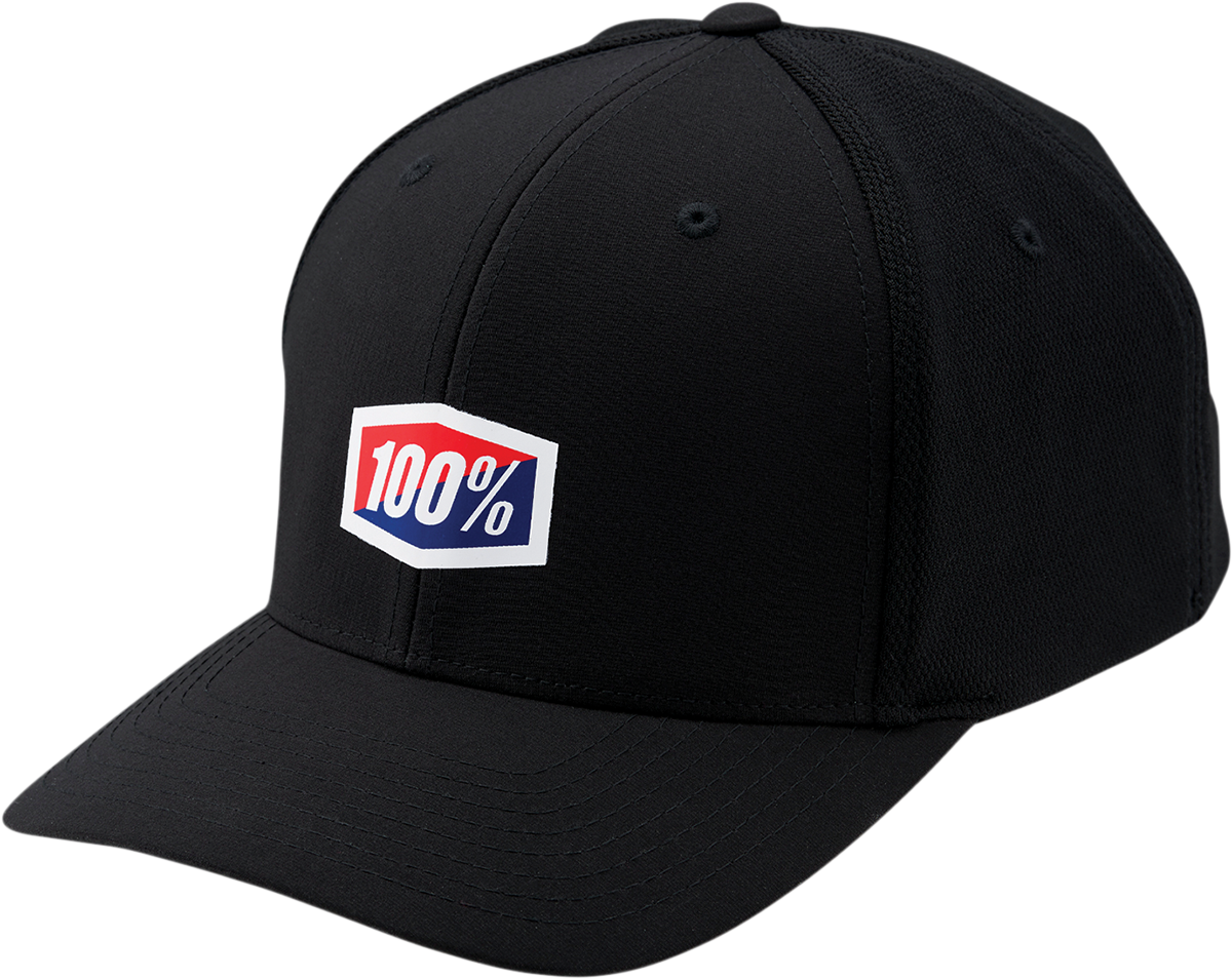 Black 100% Contact Hat by Bill's Exhausts in small/medium size, showing front view with logo and adjustable strap.