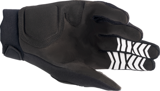 Alpinestars Full Bore XT motorcycle gloves in black, bright red, and blue, size small, with protective knuckles and adjustable wrist straps.
