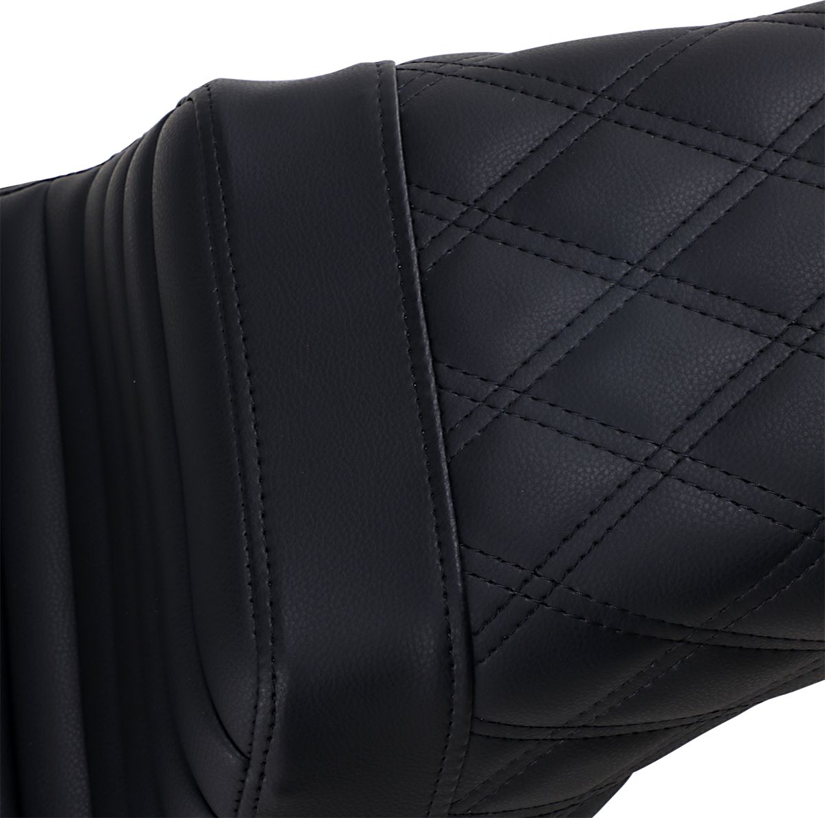 Bill's Exhausts Saddlemen front step-up motorcycle seat with tuck-n-roll and lattice stitch in black for enhanced comfort and style.