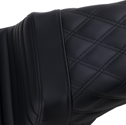Bill's Exhausts Saddlemen front step-up motorcycle seat with tuck-n-roll and lattice stitch in black for enhanced comfort and style.