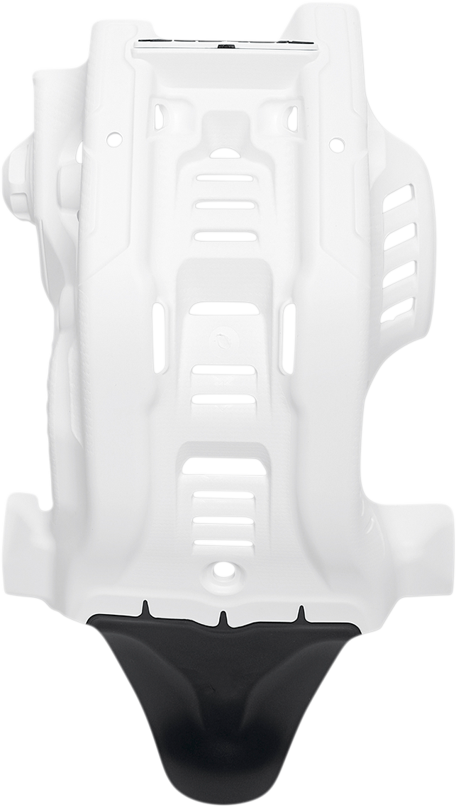 A large white and black Acerbis skid plate for Husqvarna motorcycles, designed to protect the bike's underside.