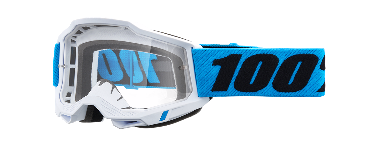 Bill's Exhausts 100% Accuri 2 Junior Goggles in clear lens, featuring a sleek design and adjustable strap for children.