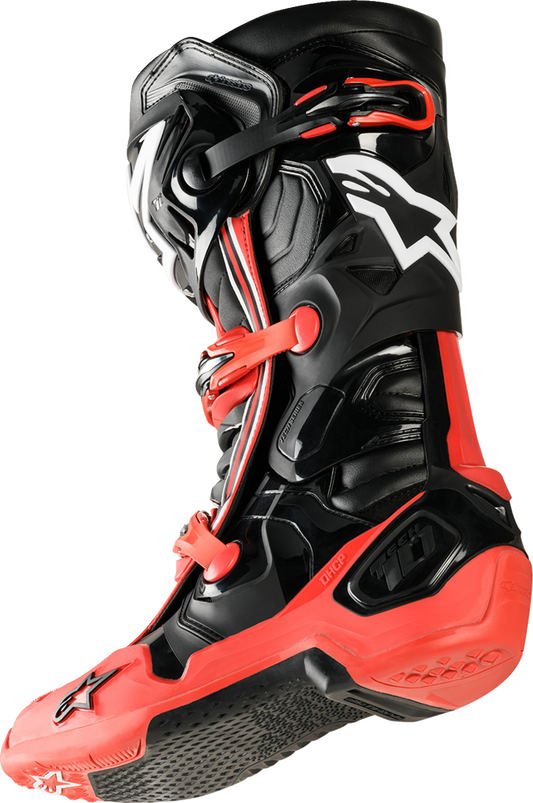 Alpinestars Tech 10 Acumen motorcycle riding boots in black and red, US size 8, showing the protective design and brand logo.