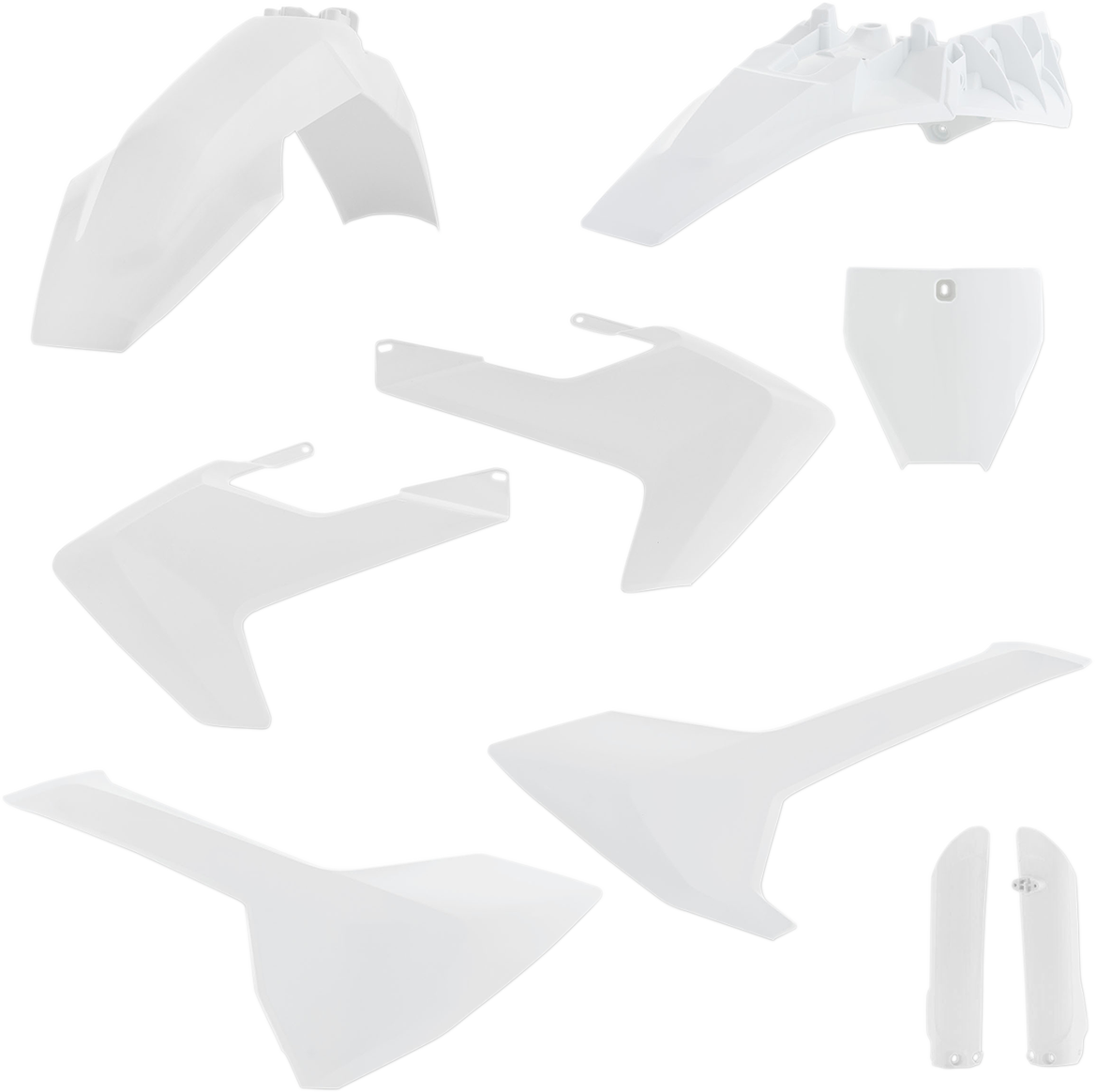 ACERBIS full replacement body kit in white, featuring detailed panels and aerodynamic design for motorcycle or vehicle upgrade.