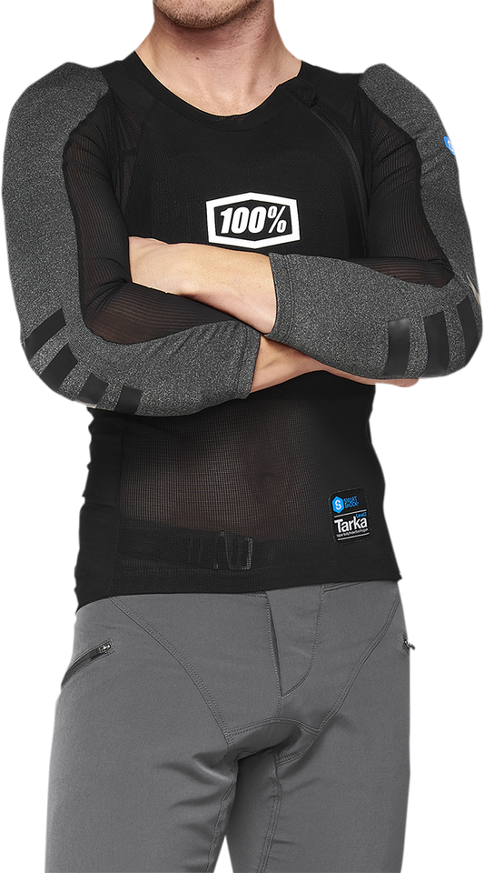 Bill's Exhausts 100% Tarka Guard long sleeve vest in black, medium size, with a close-up view of the fabric and design details.